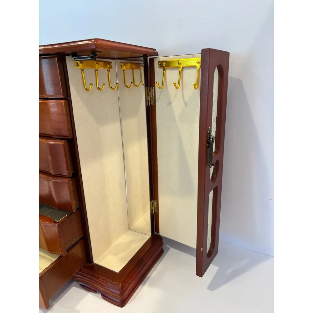 Vintage Wooden Jewelry Box Armoire Storage Chest Organizer Etched Glass Tall